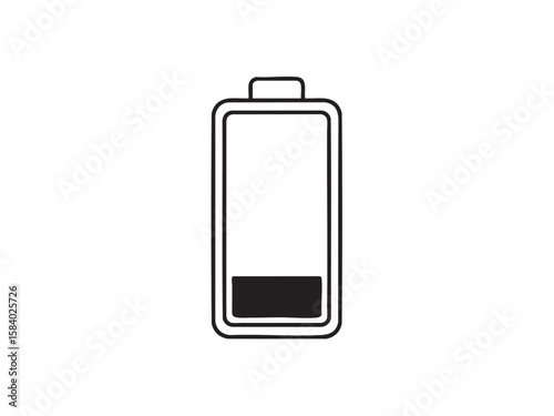A simple black and white line art icon showing a low battery charge level. Perfect for mobile app UI, digital warnings, or tech presentations