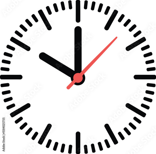A clock face shows the time with black hands and a red second hand on a white dial.