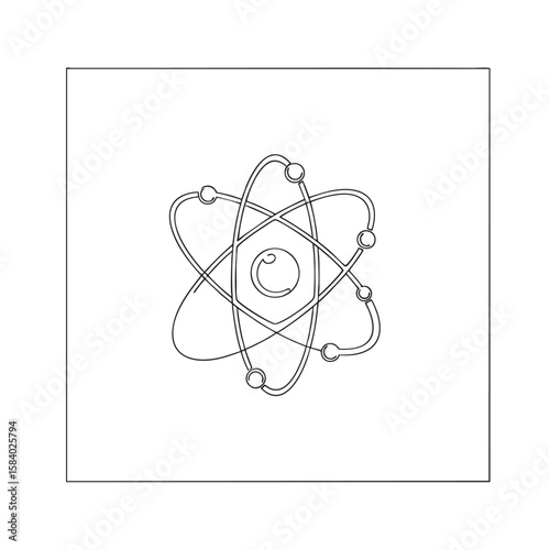 A stylized atom icon. This is a science, technology, education, and physics concept illustration on a white background