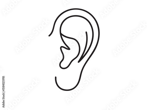 Clean black line art illustration of a human ear on a white background. This simple vector graphic represents hearing, sound, or anatomy concepts
