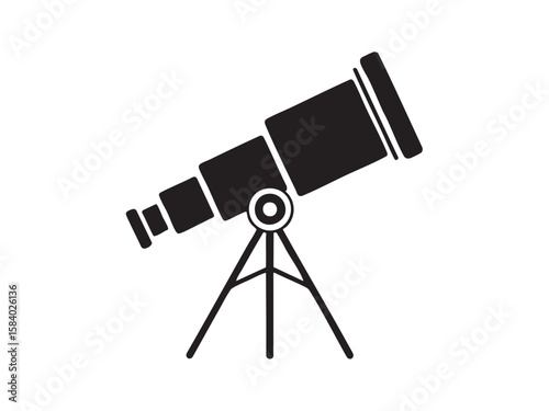 Illustration of a telescope on a tripod. Astronomy and science concept. Black and white silhouette of a telescope. Used for exploring stars and space