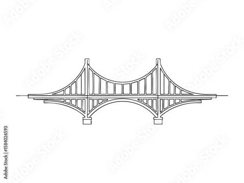 Minimalist line drawing of a suspension bridge, isolated on a white background