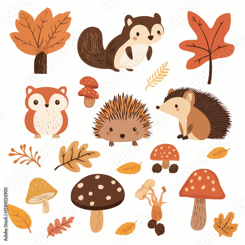 A warm and playful naive cartoon clipart set, featuring forest animals and autumn leaves, perfect for nursery wall art and cozy seasonal kids’ decor