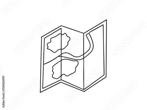 Simple line art isometric icon of a folded paper map, depicting abstract landmasses and a winding path