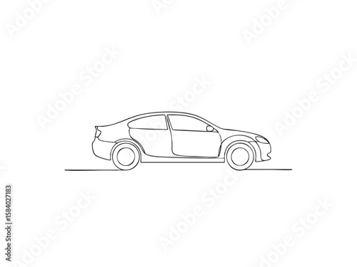 Sleek continuous line art illustration of a modern car, isolated on a clean white background