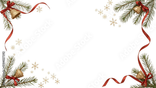 Minimalist Christmas Frame with Golden Bells and Red Ribbons