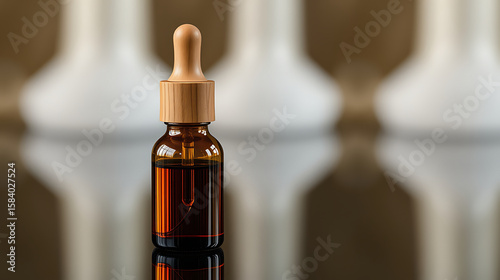 Amber bottle with dropper showcasing herbal extract, perhaps CBD oil or aromatherapy essence, on reflective surface, hinting at natural wellness or pharmaceutical research and development.