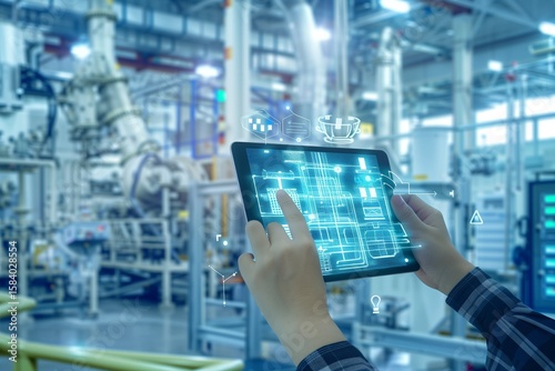 Engineer hands working on tablet with digital factory overlay, industry 4.0 concept, smart industrial background.