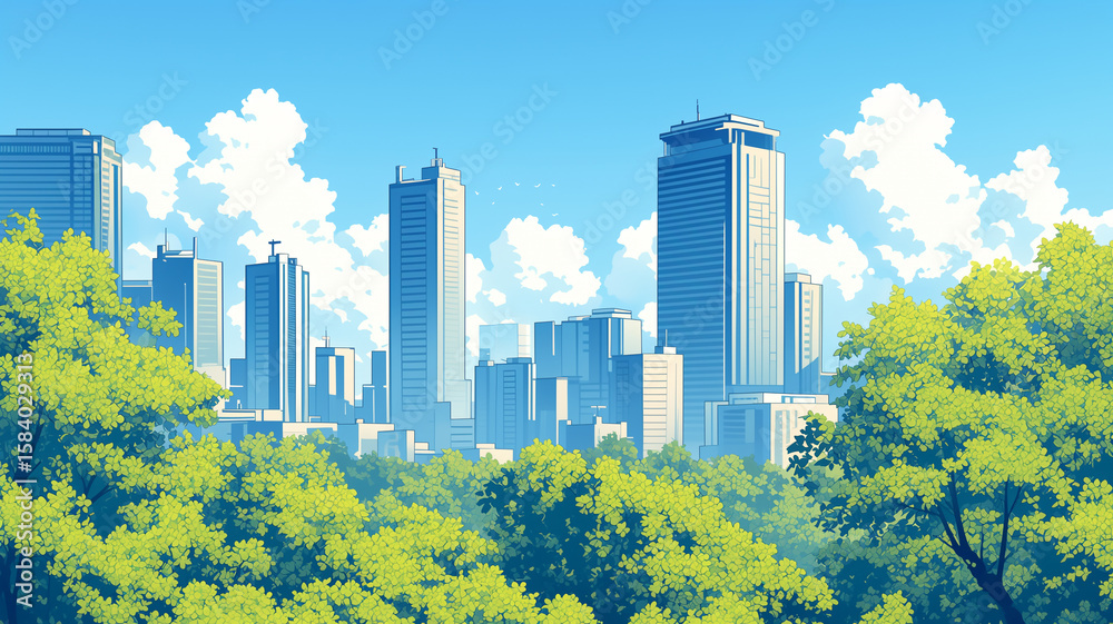 Obraz premium 1980年代アニメ調のレトロな雰囲気漂う都会の朝景色イラスト素材｜高層ビルに差し込む朝日と澄んだ空気が交差する、懐かしくも新鮮なシティポップ風の爽やかな風景描写