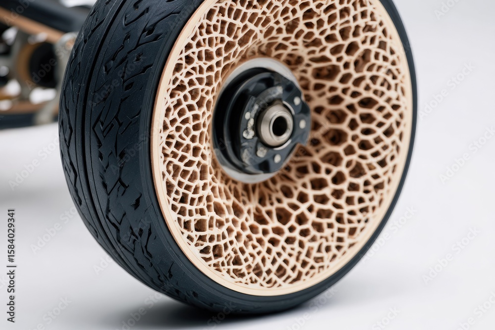 Obraz premium Close-up of a unique wheel with a light-brown, intricate, patterned rim