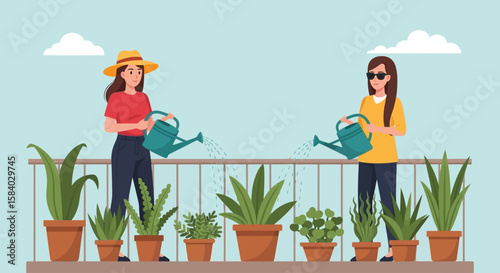 Celebrating national girlfriend day Two women garden together tending to plants on a sunlit balcony, showing love & care. 