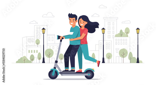 National Girlfriend Day Escape Couple's Joyful Ride on Scooter, Celebrating Love, City Adventure, and Carefree Moments