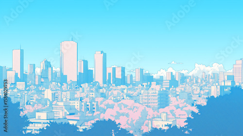 レトロポップなタッチで描かれた朝の都市風景イラスト｜1980年代のアニメを思わせる爽快感あふれるビル街と青空が、懐かしくも新鮮な感覚を呼び起こす幻想的な作品