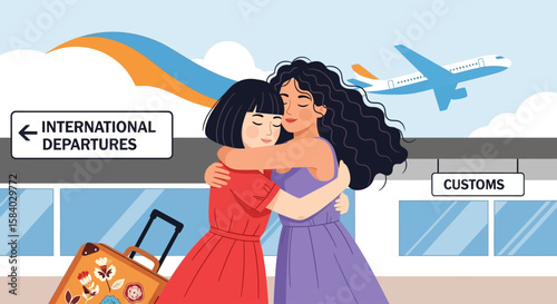 Celebrate National Girlfriend Day with a heartfelt goodbye at the airport before international departures. A loving embrace moment captured. 