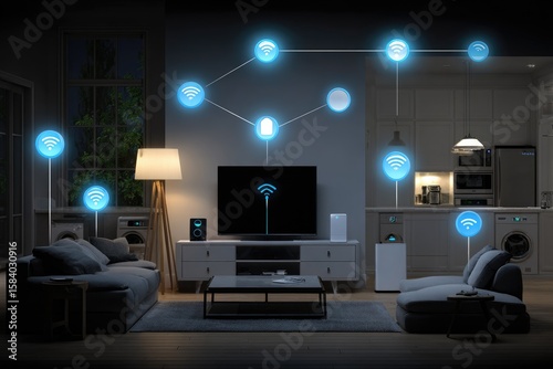 Wireless smart home network visualized in a living room at night