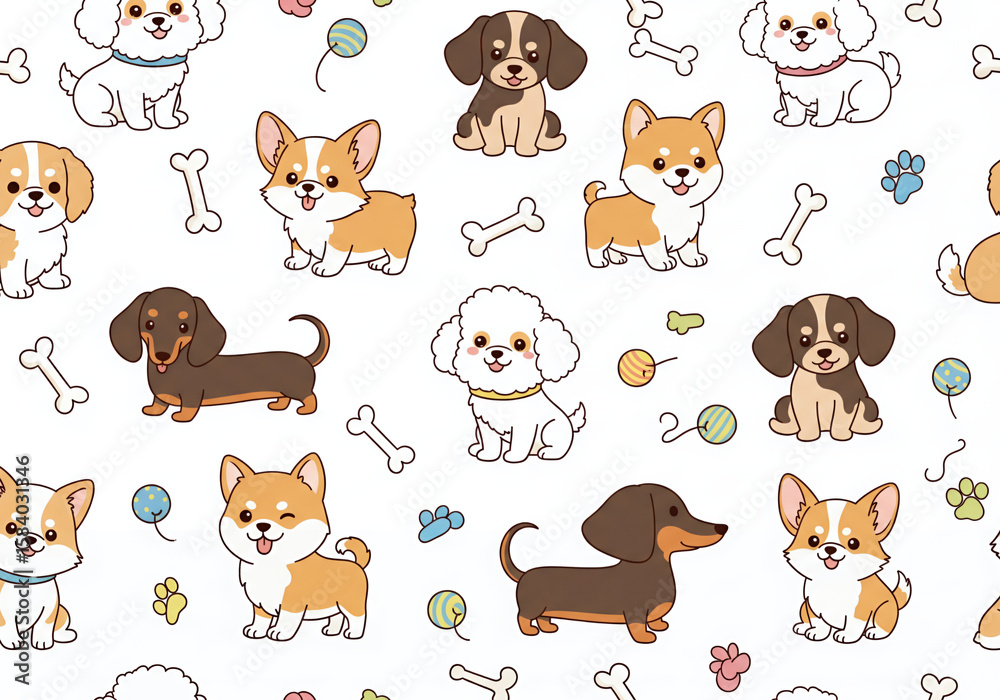 Obraz premium Seamless Pattern of Cute Cartoon Puppies – Kawaii Dog Wallpaper