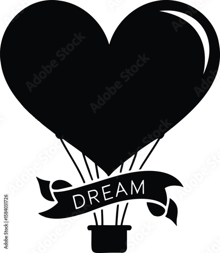 Black heart shaped hot air balloon with dream banner and basket white