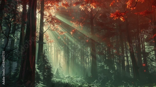 Misty forest of towering red-barked trees with sunbeams piercing through ancient canopy, conveying primordial serenity