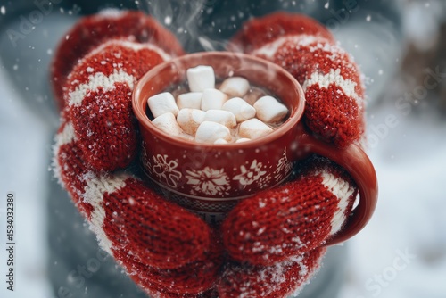 Warm winter drink held in red mittens