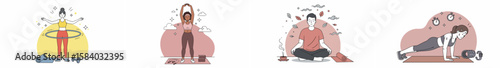 Grid illustration of four people engaged in wellness activities