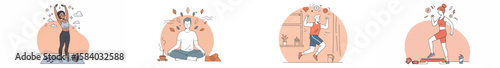 Circular illustration of four wellness activities including yoga, meditation, jumping jacks, and jump rope