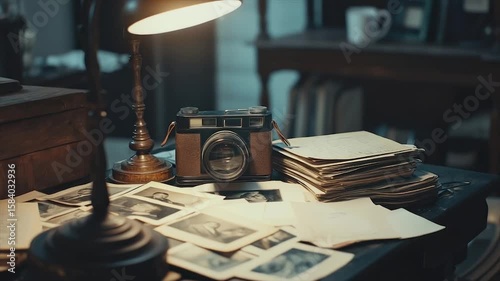 Vintage camera sits on desk amidst old photos & papers, illuminated by a desk lamp