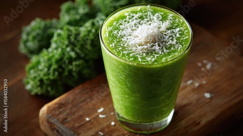 Green smoothie topped with coconut