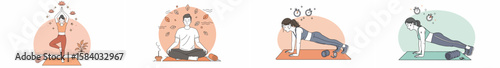 Illustration of four people practicing yoga and meditation in a pastel-toned wellness setting