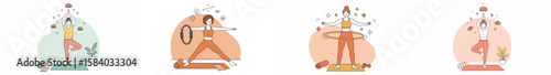 Multi-scene illustration of women engaging in yoga, jump rope, and hula hooping with pastel backgrounds