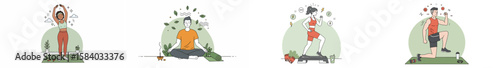 Cartoon illustration of four people doing different physical activities in circular frames