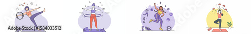 Illustration of four women engaging in physical activities including yoga, hula-hooping, dancing, and yoga with plants