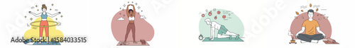 Minimalist illustration of four people doing wellness activities on pastel mats