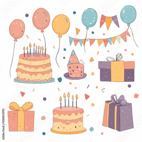 Soft and playful naive cartoon birthday party elements, great for nursery wall art and children's room decor