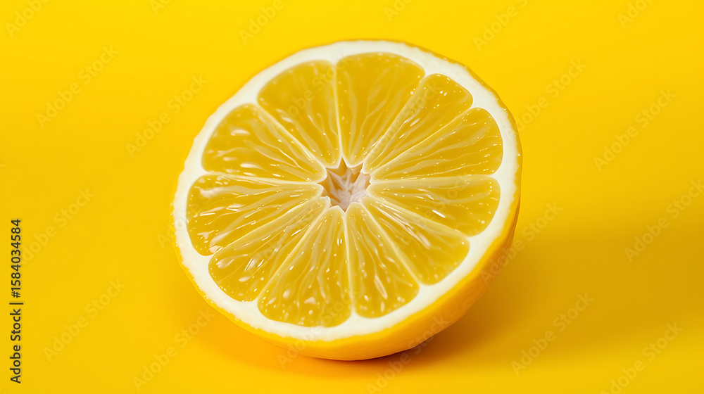 A vibrant half lemon radiates citrusy freshness against a sunny yellow backdrop, a tempting and bright representation of summer flavor and healthy eating, embodying natural zest. A vibrant half lemon radiates citrusy freshness against a sunny yellow backdrop, a tempting and bright representation of summer flavor and healthy eating, embodying natural zest.