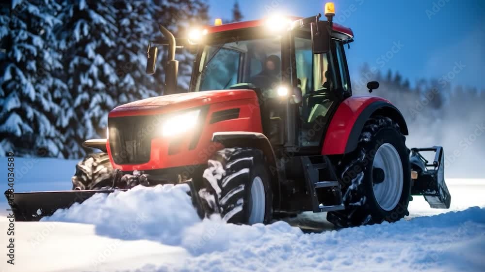 A red tractor with headlights illuminated, pushes through deep snow in a winter landscape with dark, snowy trees in the background A red tractor with headlights illuminated, pushes through deep snow in a winter landscape with dark, snowy trees in the background