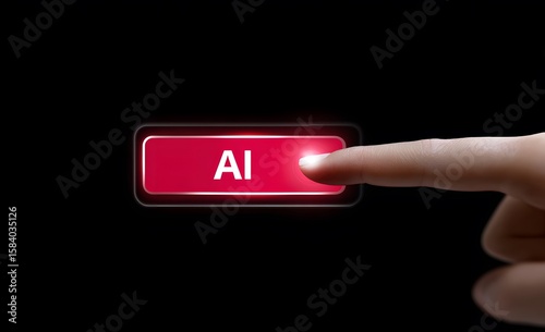 A finger pressing a red ai button on a black background with a bright light reflecting off the button