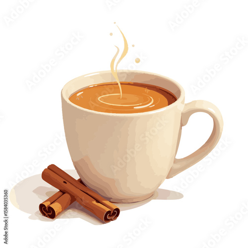 Vector illustration of hot cider with cinnamon cozy style on white background, winter drink 