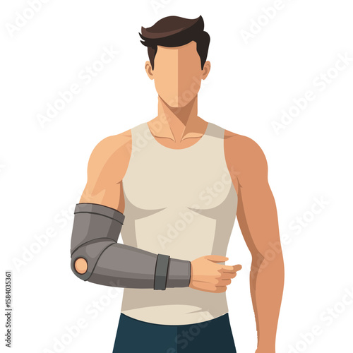 Vector illustration of person injured action with arm brace on white background