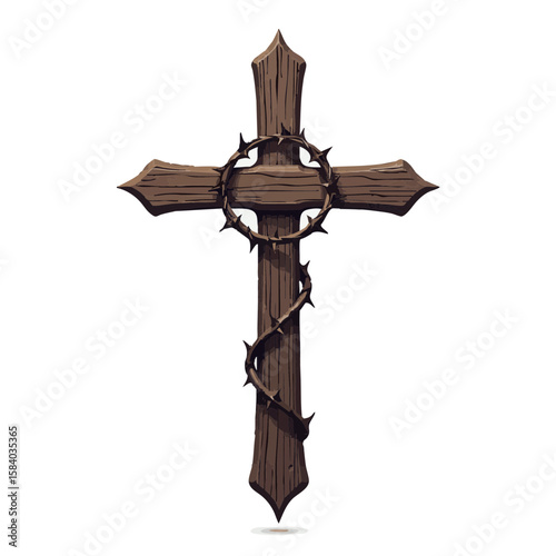 Vector illustration of cross with thorns religious style on white background, christian symbol