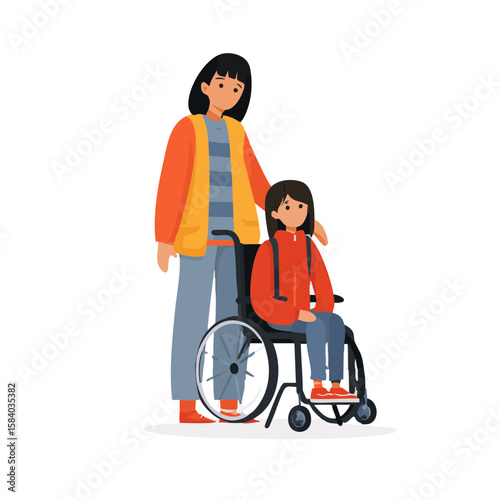 Vector illustration of parent caring action with disabled child on white background