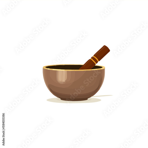 Vector illustration of singing bowl with stick spiritual style on white background, meditation instrument