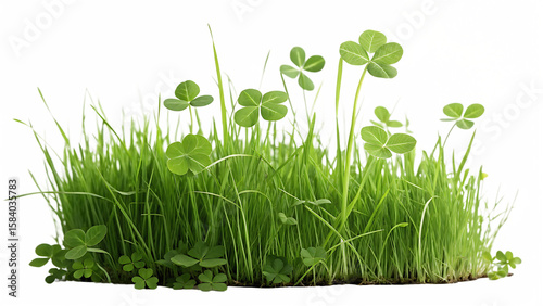 Fototapeta Naklejka Na Ścianę i Meble -  Lush green grass and clover plants with colorful abstract light burst isolated on a transparent background