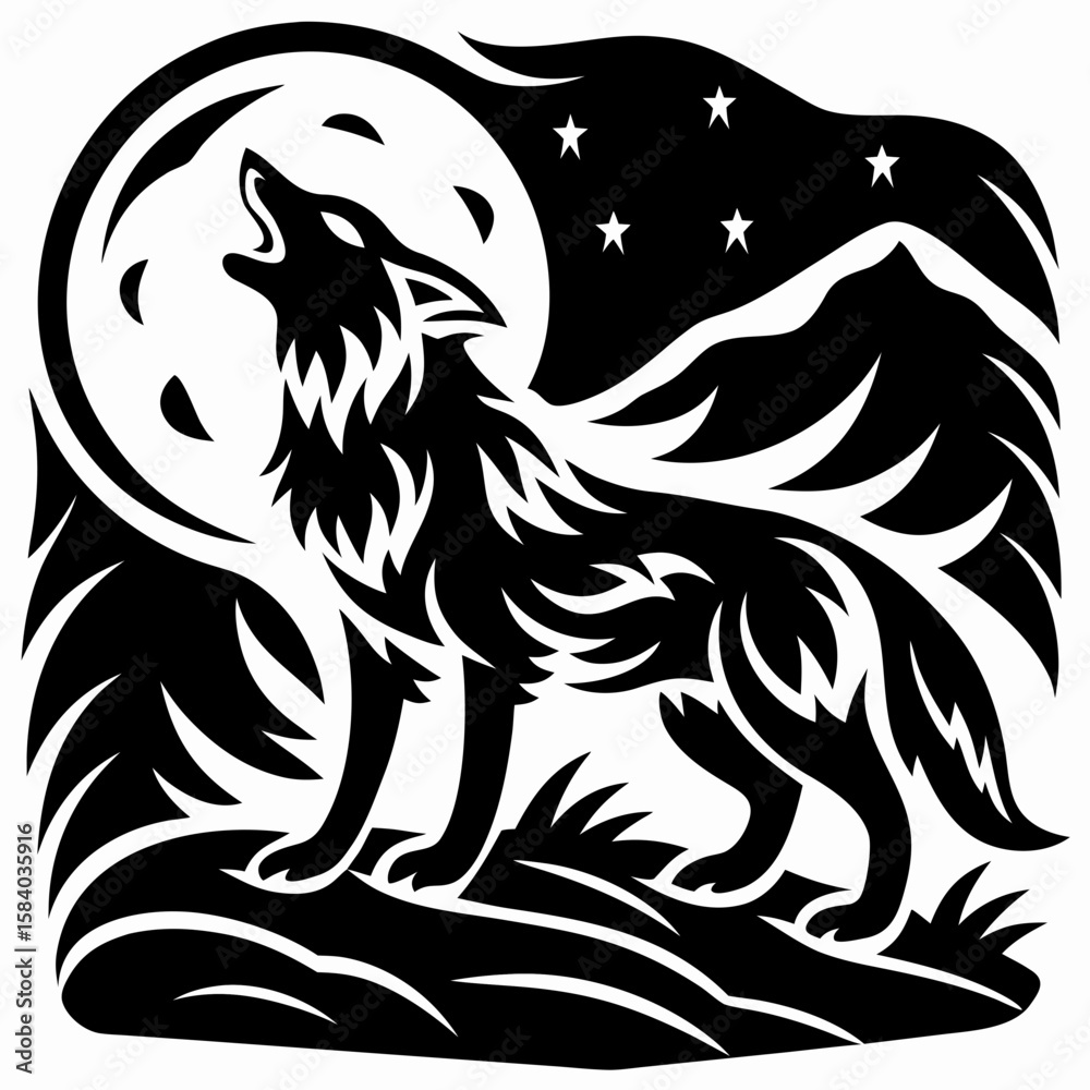Fototapeta premium Silhouette of a Howling Coyote Under the Light of a Full Moon in the Desert