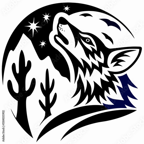 Coyote Howling at the Moon Desert Night Scene Illustration