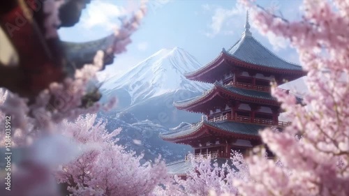 Serene vista of a pagoda nestled amidst cherry blossoms, with a snow-capped mountain in the background