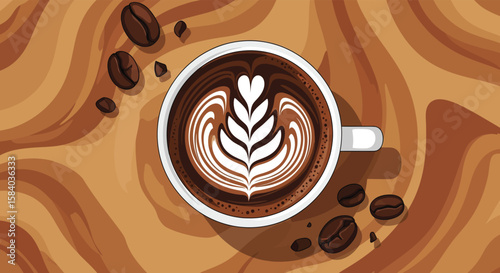 Overhead view of a white cup filled with rich dark coffee featuring intricate latte art and scattered coffee beans on a warm brown wooden surface

