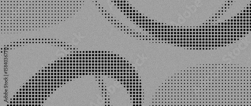 Abstract black and gray dotted background with swirling shapes, creating dynamic visual texture, grainy, semitones, grunge noise, banner design for web site, copy space