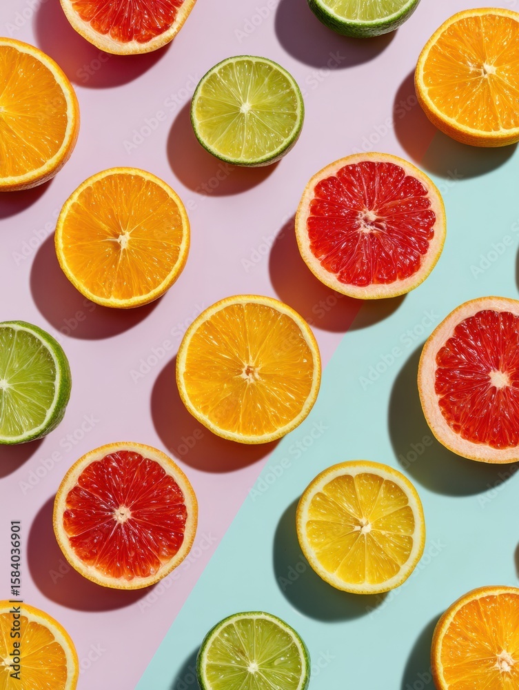 Fototapeta premium Citrus Fruits Arranged in a Vibrant Geometric Pattern With Soft Pastel Background for a Refreshing Display