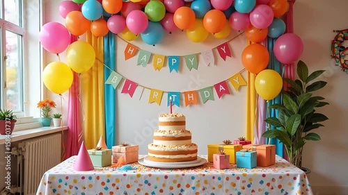 Cheerful birthday scene featuring a cake, colorful balloons, and presents for a festive celebration