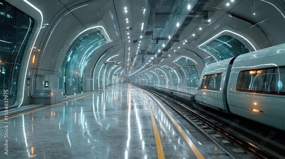 Obraz premium Futuristic metro station platform with high speed train waiting to depart